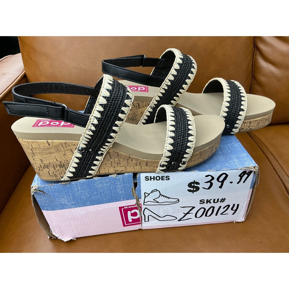 Pop Kabilyn Wedge Sandals Women's 11 Black Woven Cork Strappy Whipstitch - Picture 8 of 9